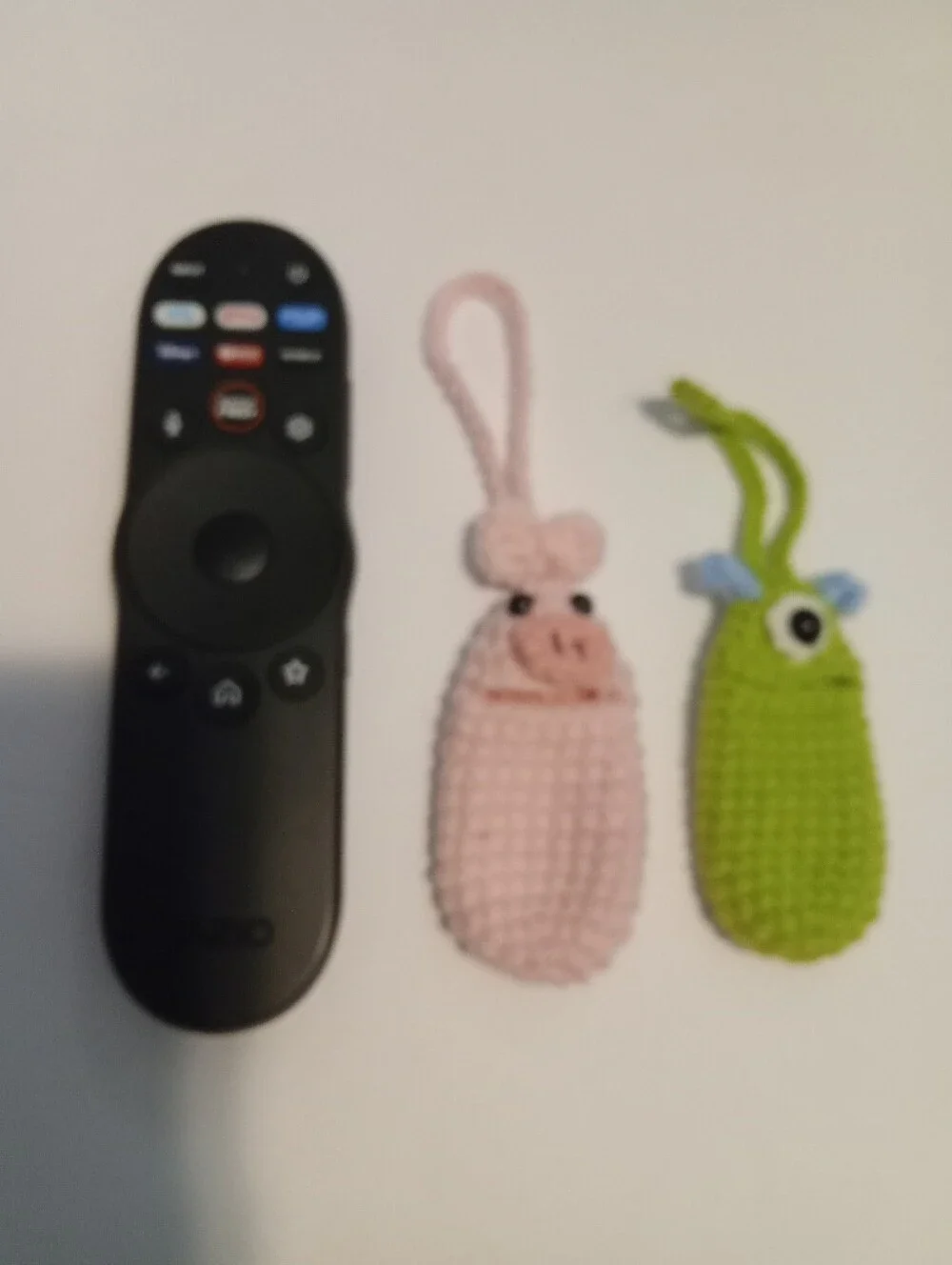 Pink Pig and Green One Eyed Monster Crochet Small Item Storage Pendant